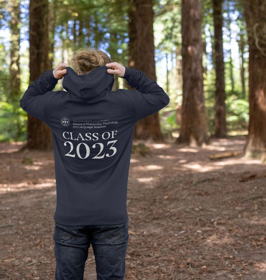 Model wears Navy Philosophy, Psychology and Language Sciences 'Class Of' Graduate Hoodie showing back design.