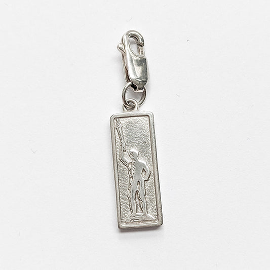 Rectangular charm with an etching of Golden Boy and claw clasp.