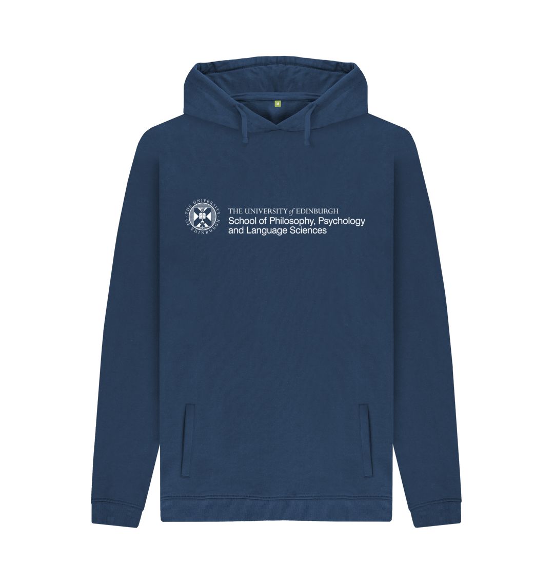 Navy hoodie with white University crest and text that reads ' University of Edinburgh School of Philosophy, Psychology and Language Sciences