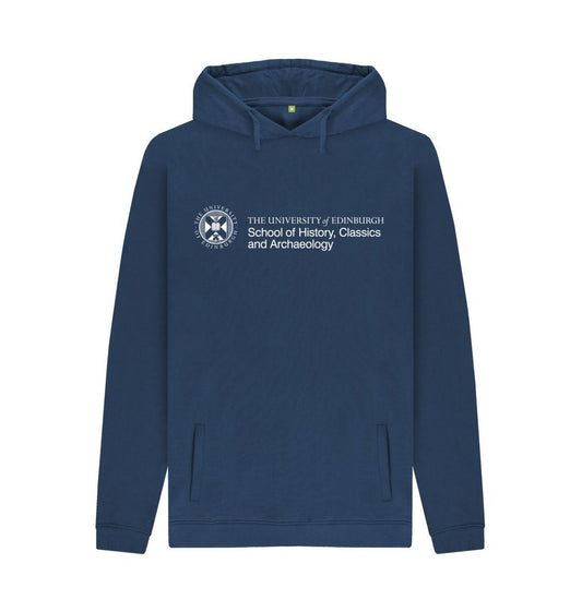 Navy hoodie with white University crest and text that reads ' University of Edinburgh School of History, Classics and Archaeology