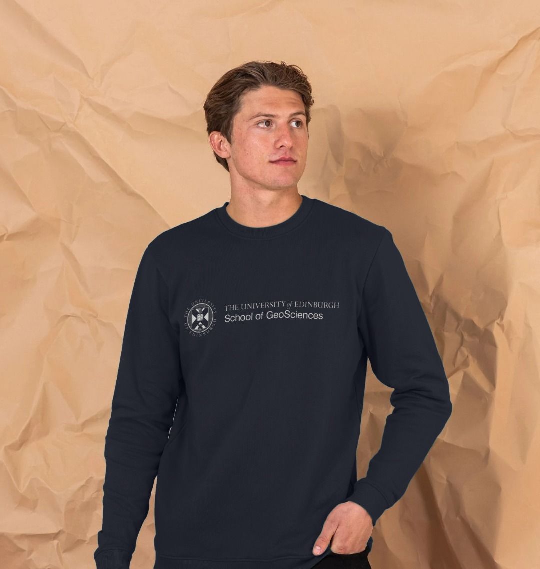Our model wearing our School of GeoSciences sweatshirt in navy.