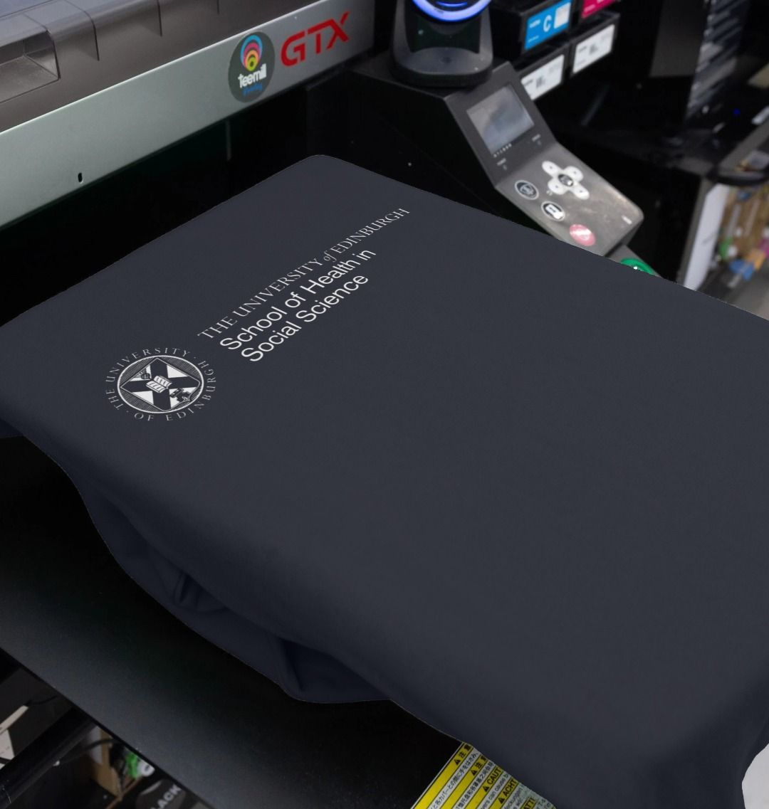 Our School of Health in Social Science Sweatshirt being printed by our print on demand partner, teemill.