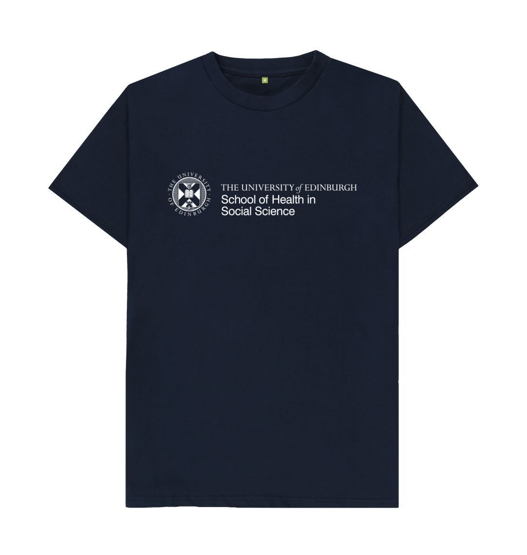 Navy T-Shirt with white University crest and text that reads ' University of Edinburgh School of Health in Social Science