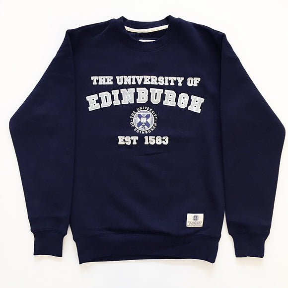 Our Premium Applique Sweatshirt in navy. It features applique 'The University of Edinburgh, Est 1583' detail and University crest. 