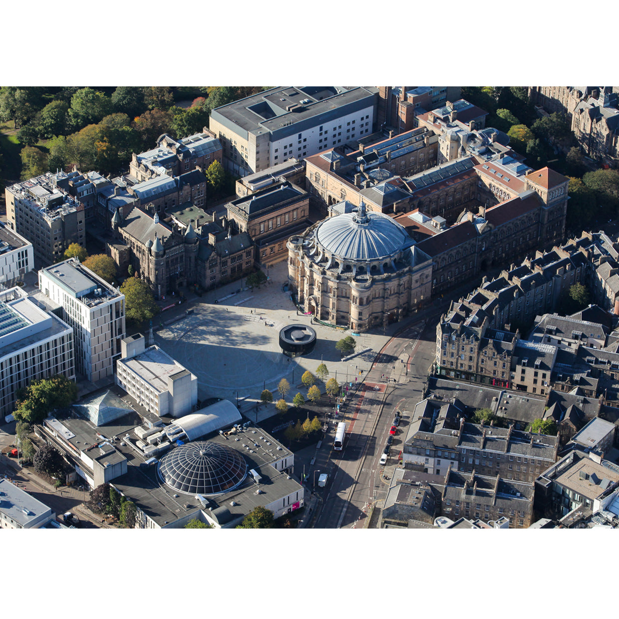 Aerial photo of Bristo Square from the sky
