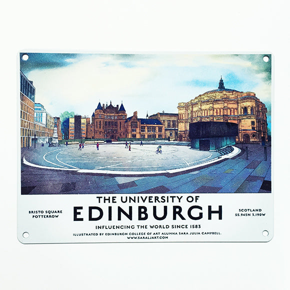 Rectangular metal sign featuring an illustration of Bristo Square. 