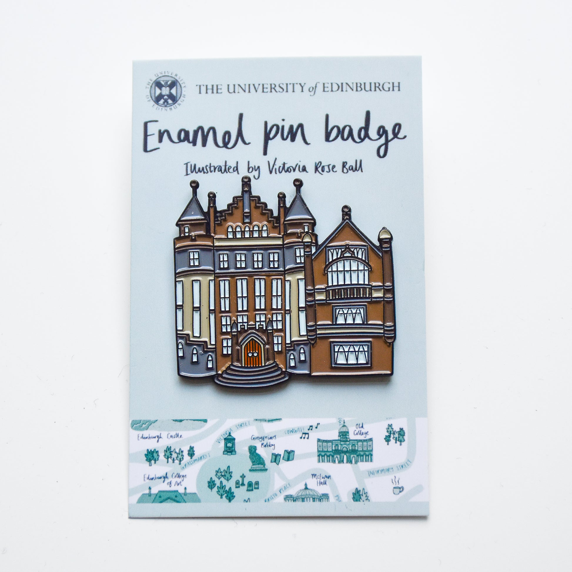 Our Teviot Row House Pin Badge on an illustrated backing. 