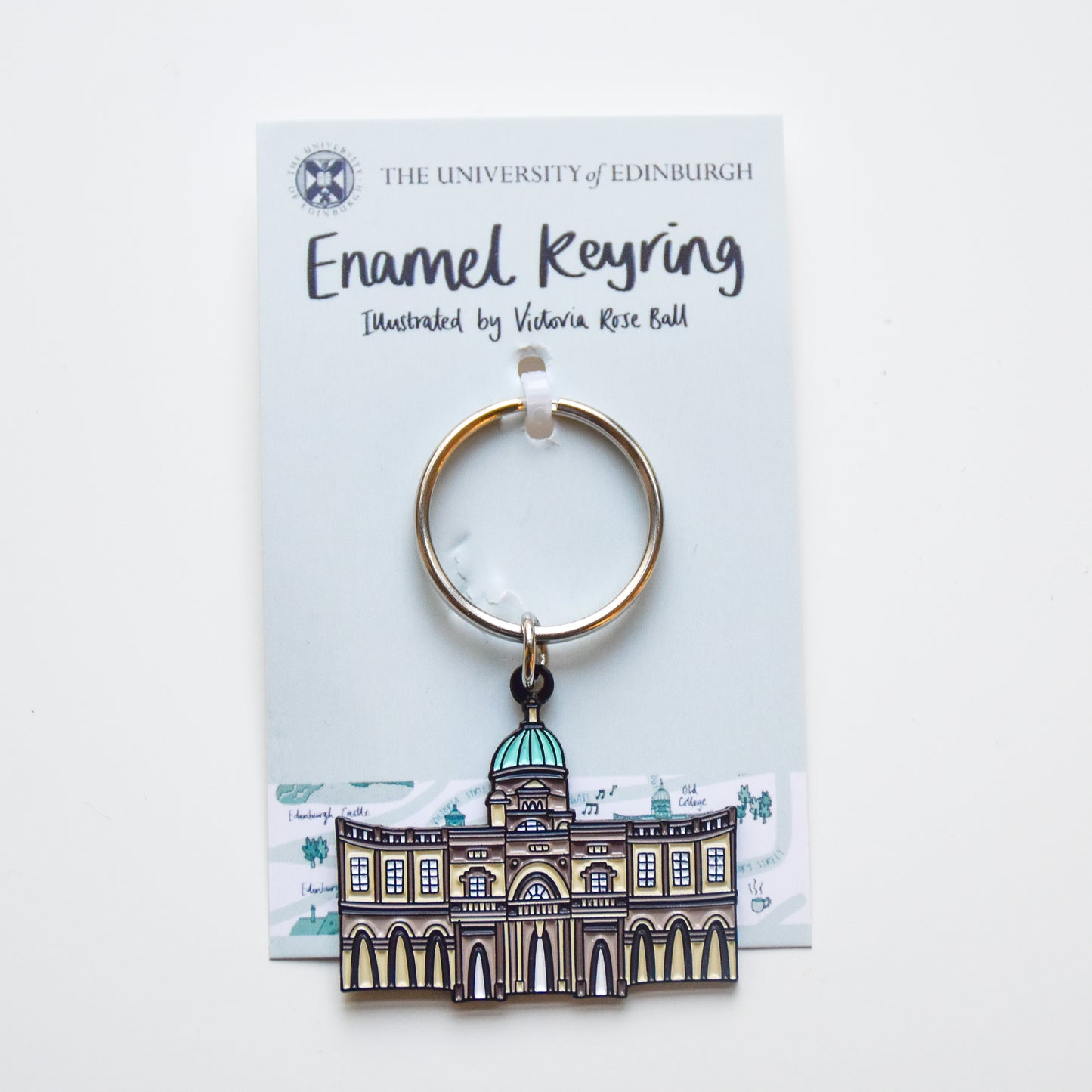 Enamel key ring featuring Old College in an illustrative style. 