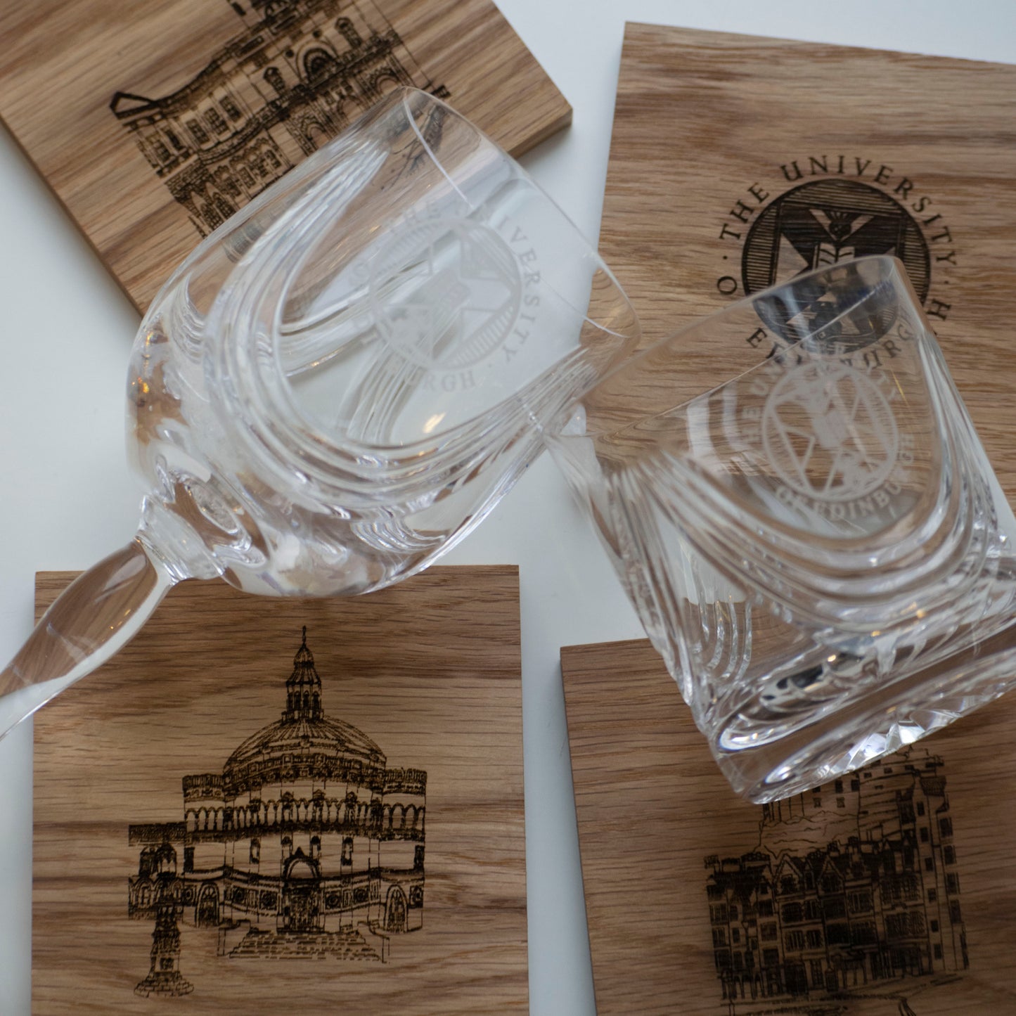 Engraved Wooden Coaster set with our Crystal Wine and Whisky glasses.