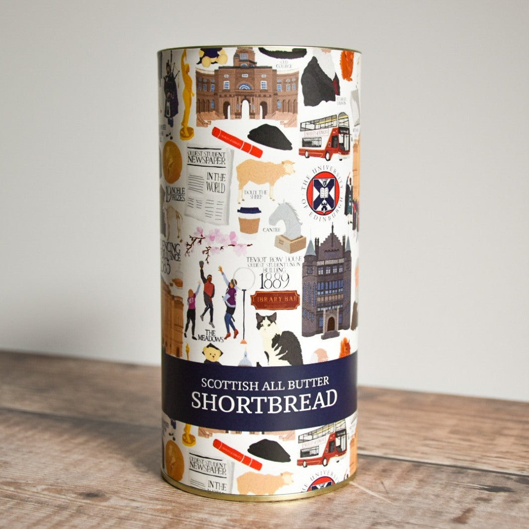 Scottish All Butter Shortbread tin container with illustrations of the University of Edinburgh decorating it.