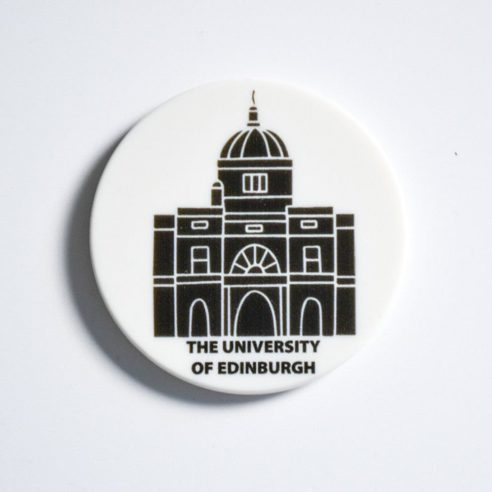 Circular magnet of a black and white design of the University of Edinburgh's Old College