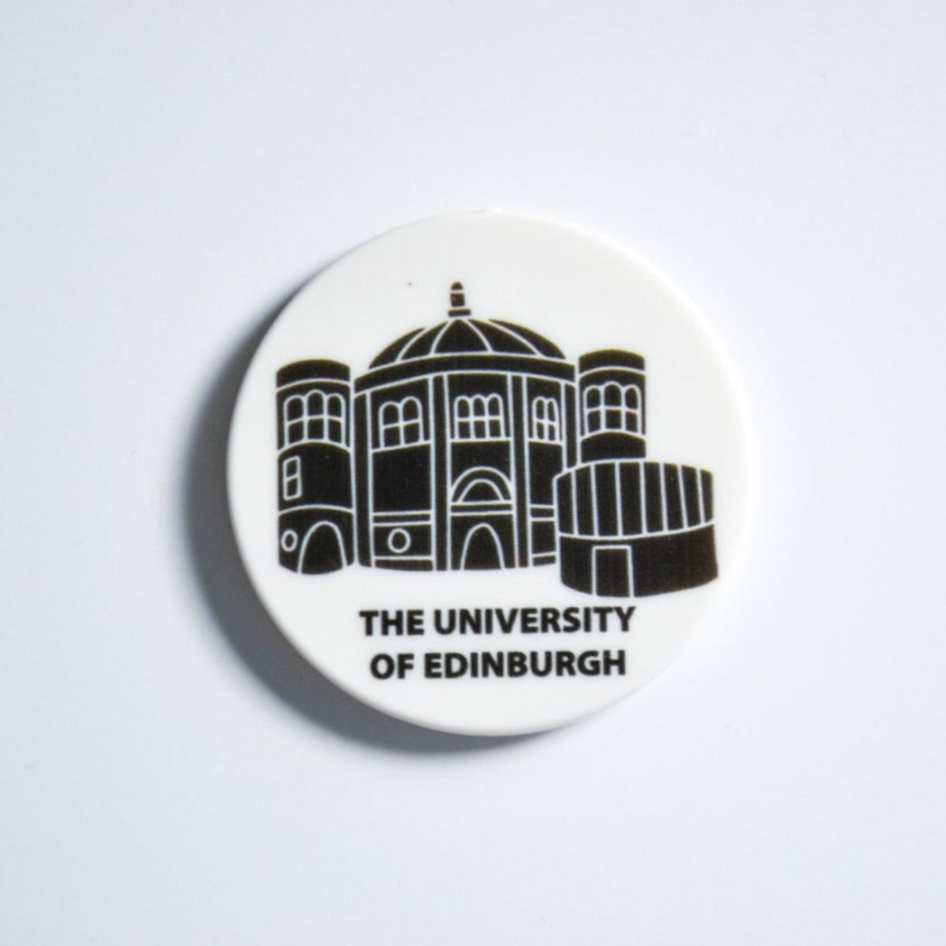 Circular magnet of a black and white design of the University of Edinburgh's McEwan Hall