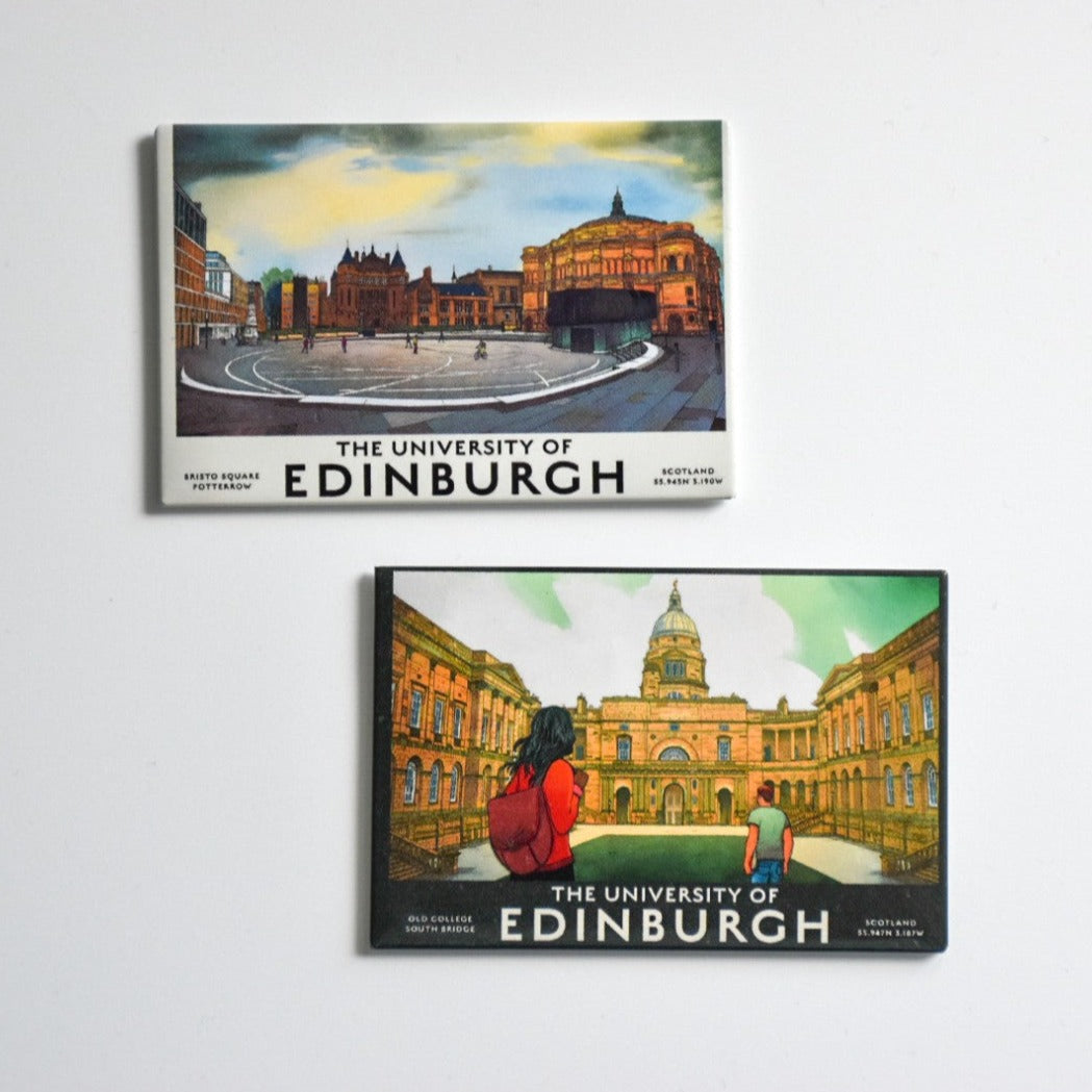 Two magnets, one with University of Edinburgh's Old College and the other with bistro square