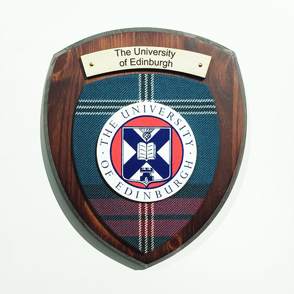 Wall plaque with dark wood featuring university tartan, university crest and engrave plate saying 'The University of Edinburgh'