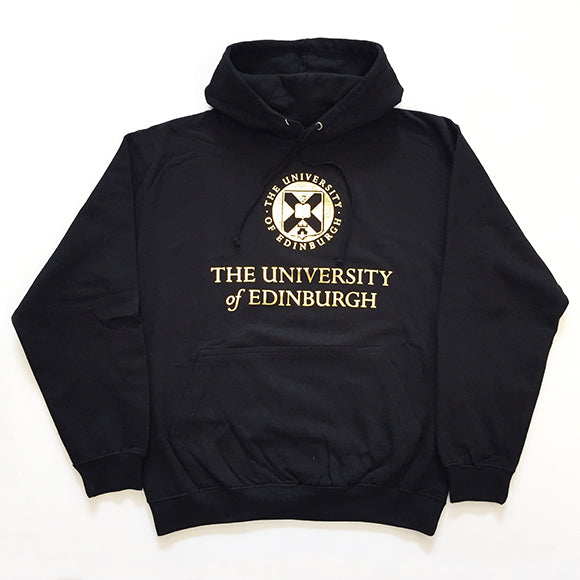 Gold foil crest hoodie in black, with kangaroo pouch pocket and thin drawcords. The University of Edinburgh crest and name is printed across the chest in gold.