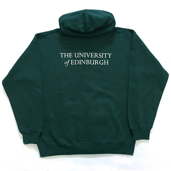 'The University of Edinburgh' is printed in white lettering on the back of our green zipped hoodie. 