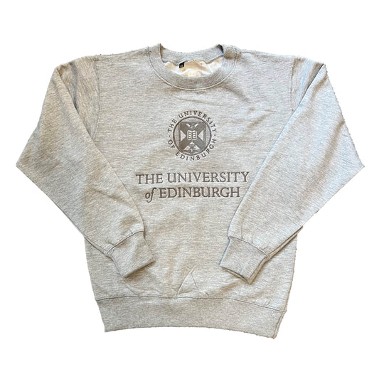 Grey sweatshirt with the University of Edinburgh crest embroidered in grey