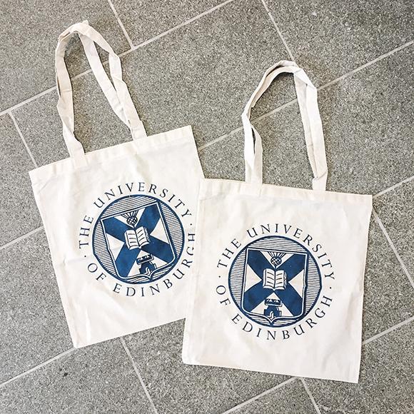 2 Natural organic cotton shopper bags with navy blue University crest