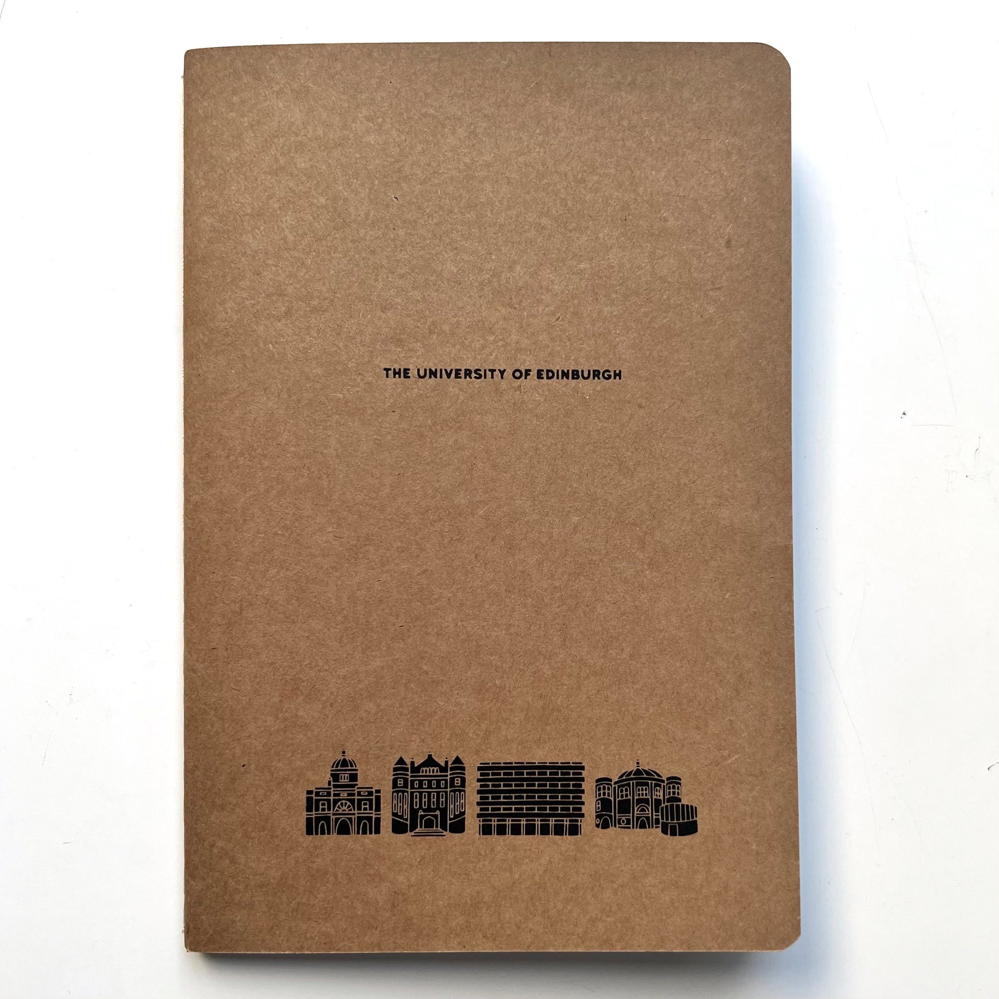 A5 kraft notebook with 'The University of Edinburgh' and University building illustrations of the cover in black print.