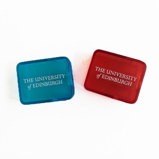 Our two box pencil sharpeners in blue and read with text reading 'The University of Edinburgh' on the front of each one. 