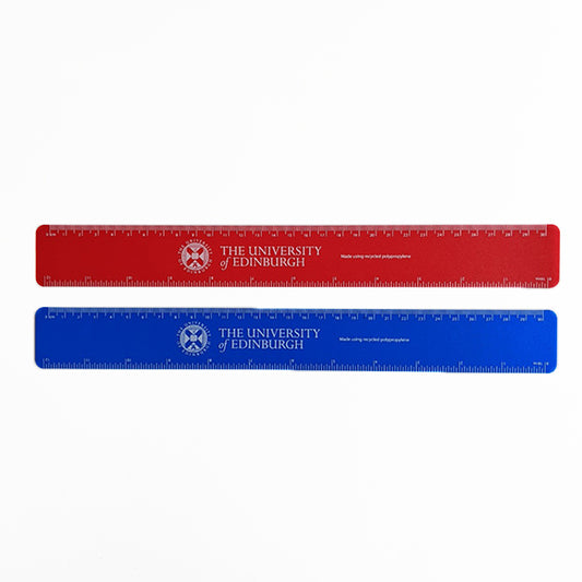 Our Recycled Plastic Rulers in both red and blue side by side. Featuring the University logo in white. 