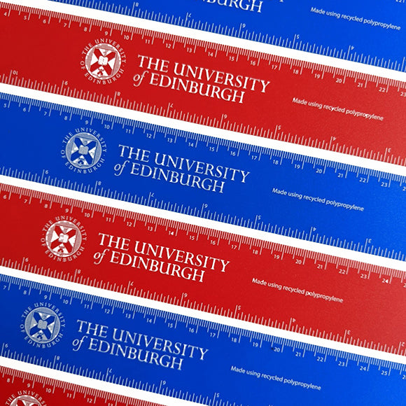 Our Recycled Plastic Rulers in both red and blue side by side. Featuring the University logo in white