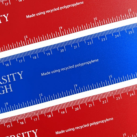 Close up of the ruler print that indicates it is made from recycled polypropylene. 