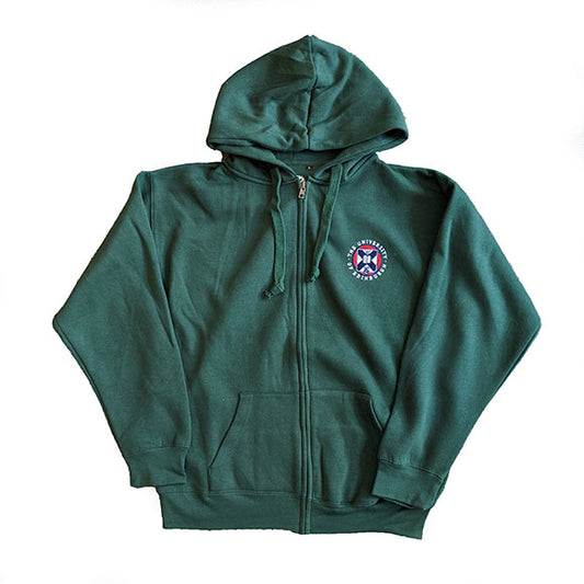 Green zipped hoodie with embroidered University crest on the front 