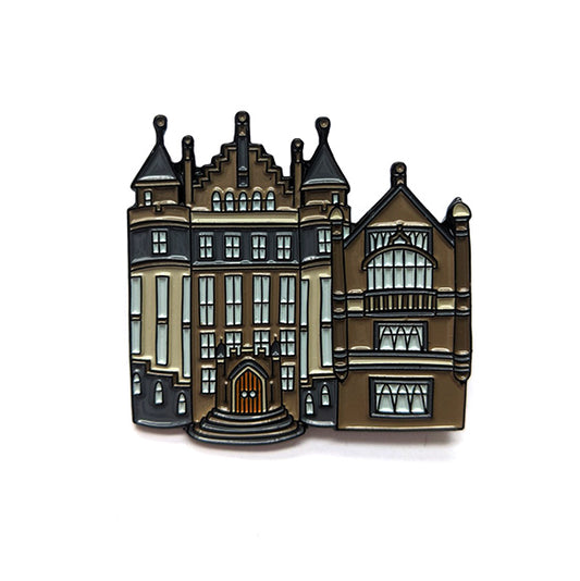 Enamel pin of Teviot Row house in an illustrative style.
