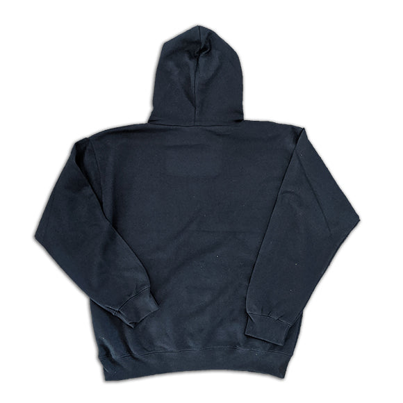 The reverse of the navy hoodie. 