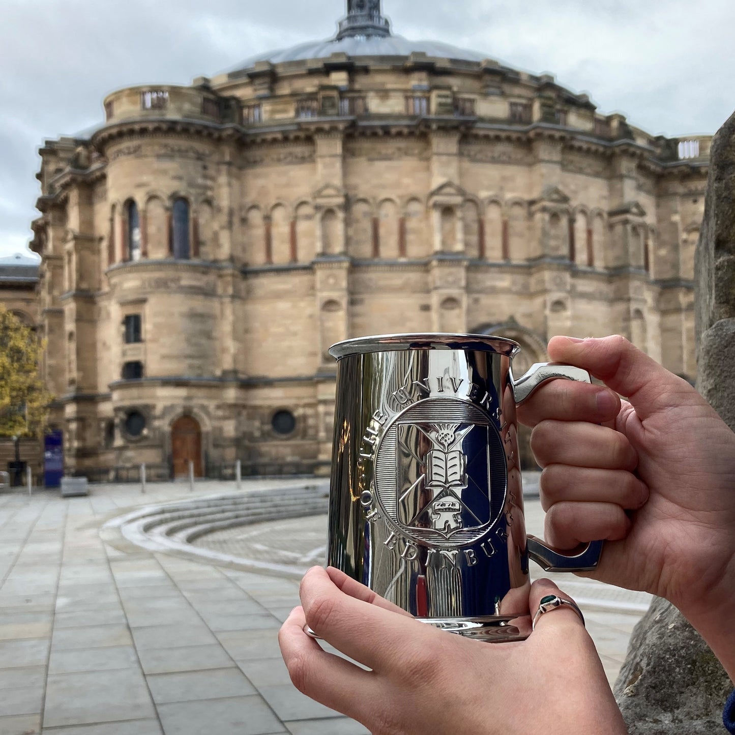 Pewter tankard displayed in front of McEwan Hall. 