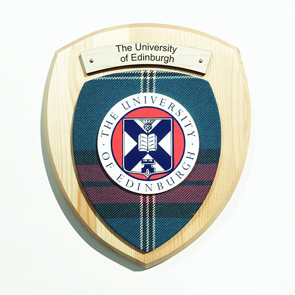 Wall plaque with light wood featuring university tartan, university crest and engrave plate saying 'The University of Edinburgh'