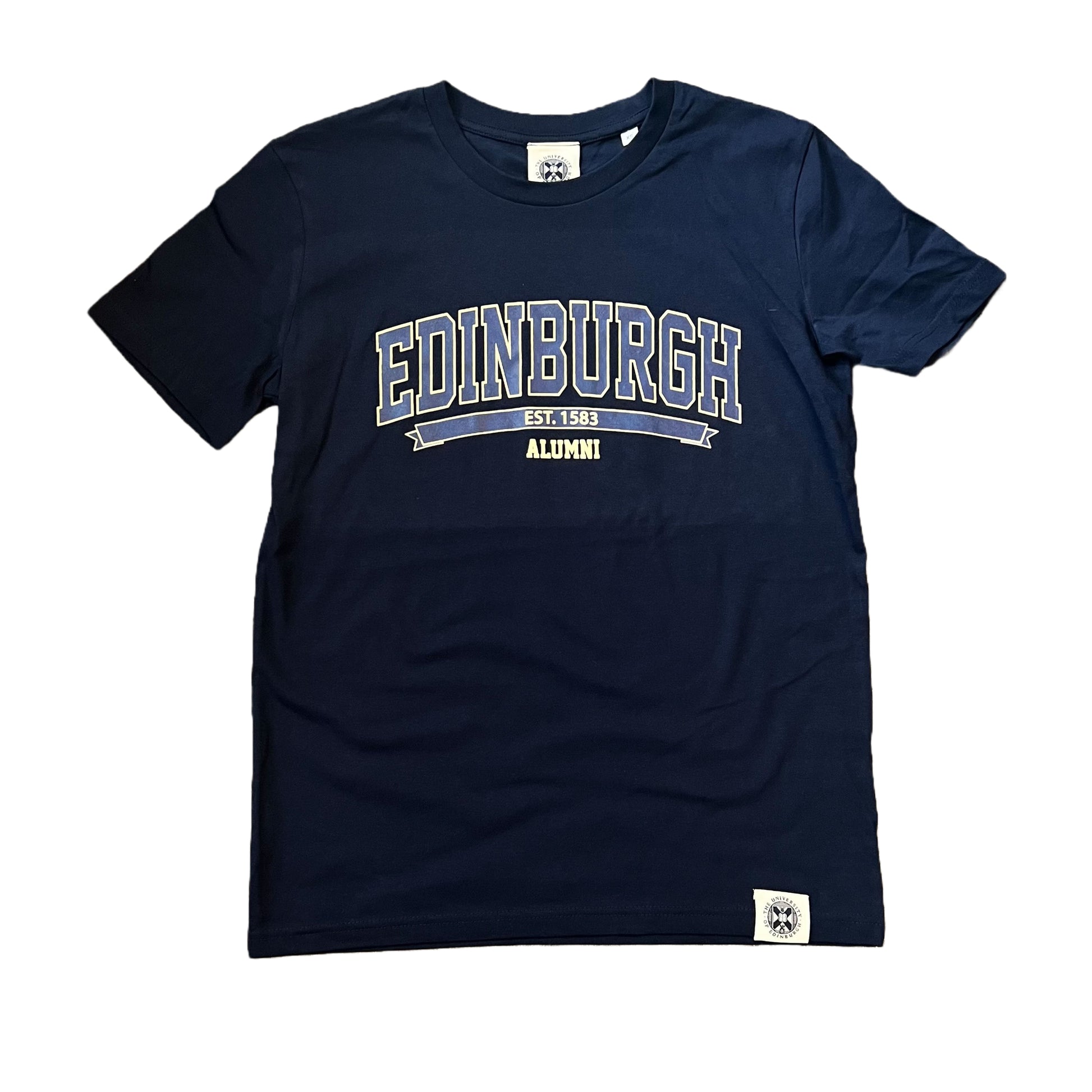 Navy T-shirt with 'EDINBURGH ALUMNI' text on the front in a lighter blue colour