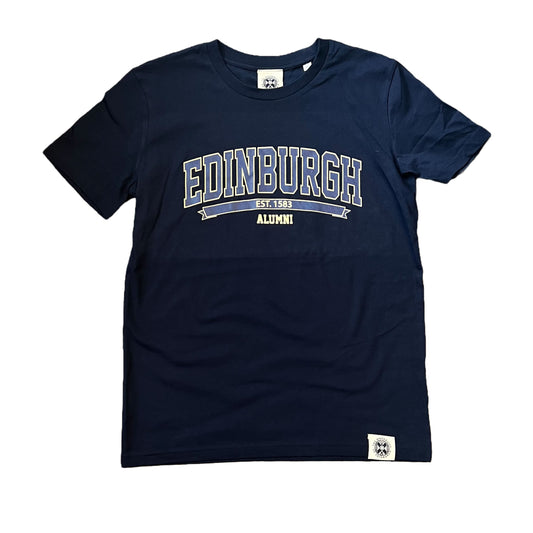 Navy T-shirt with 'EDINBURGH ALUMNI' text on the front in a lighter blue colour