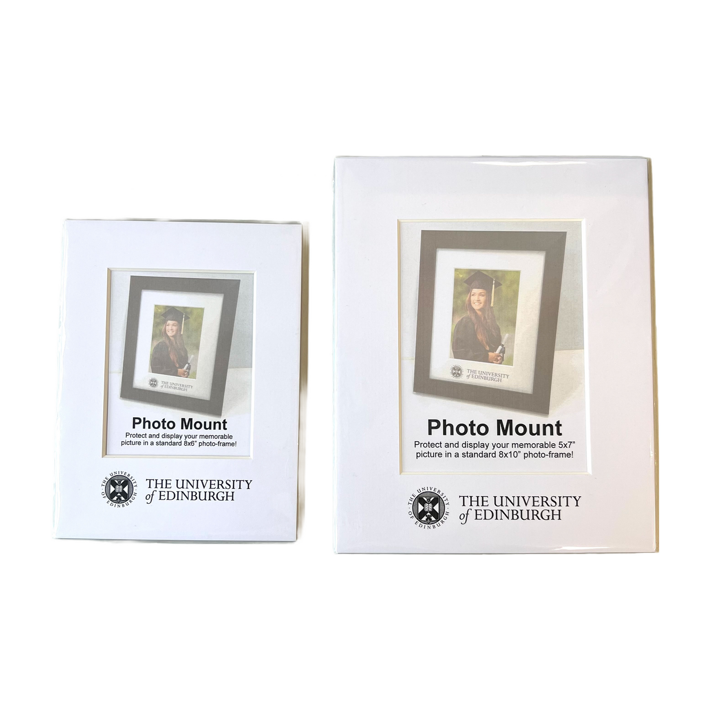 Two different sized photo white photo mounts, small on the left, large on the right.