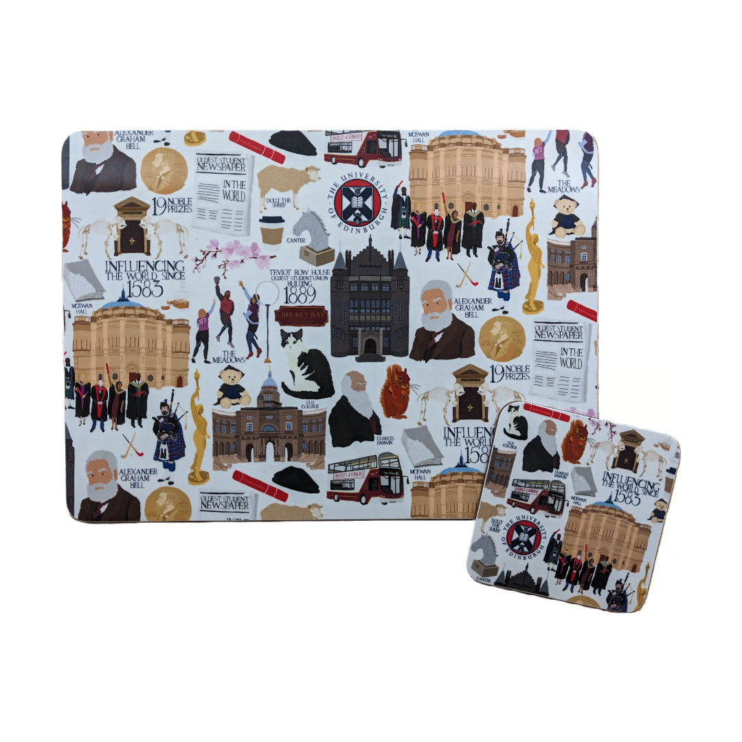 Placemat and coaster with illustrations of various University of Edinburgh icons, buildings, and figures.