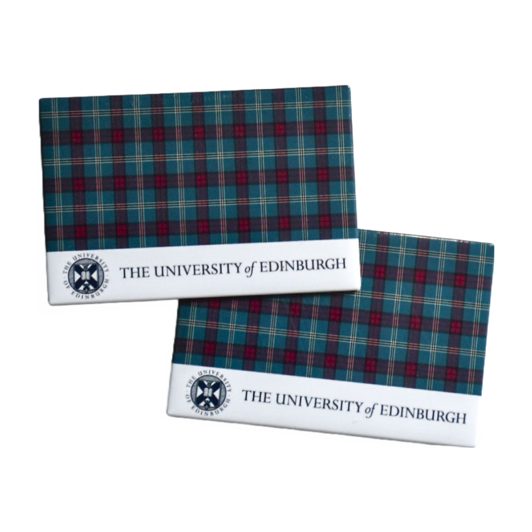 Two rectangular magnets with a tartan design and The University of Edinburgh's crest