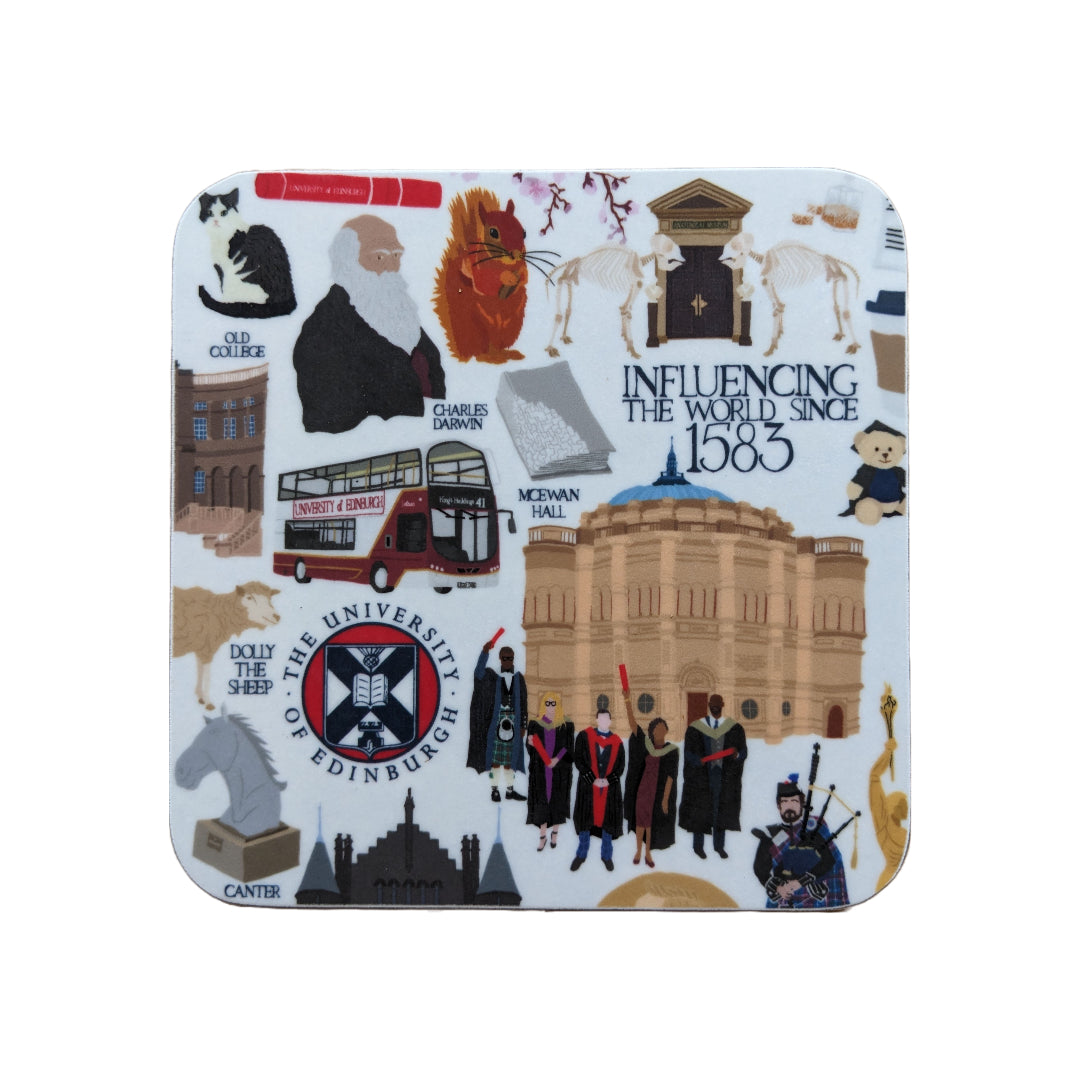 Coaster with illustrations of various University of Edinburgh icons, buildings, and figures.