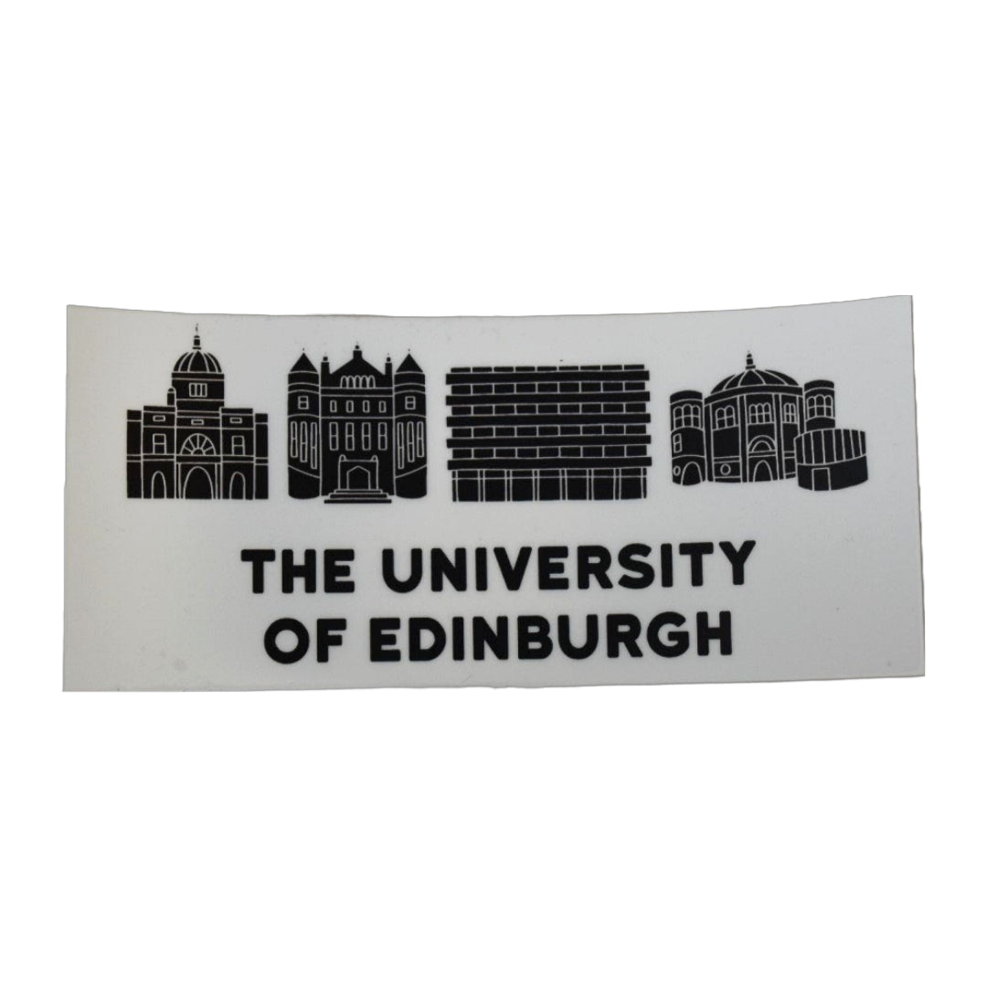 Laptop sticker with the University of Edinburgh's main buildings. From left to right: Old College, Teviot House, Main Library, McEwan Hall