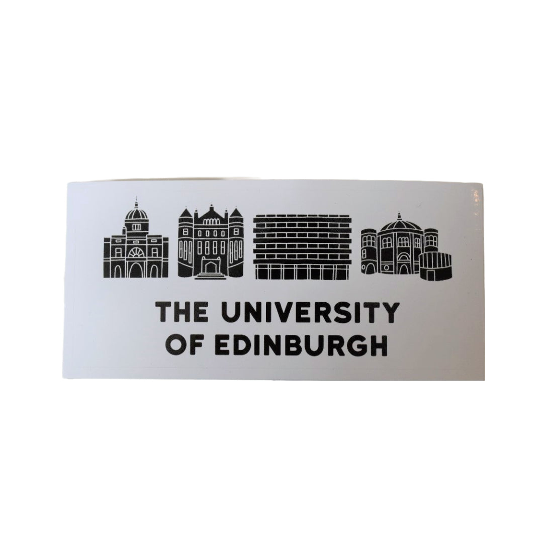 Window sticker with the University of Edinburgh's main buildings. From left to right: Old College, Teviot House, Main Library, McEwan Hall.