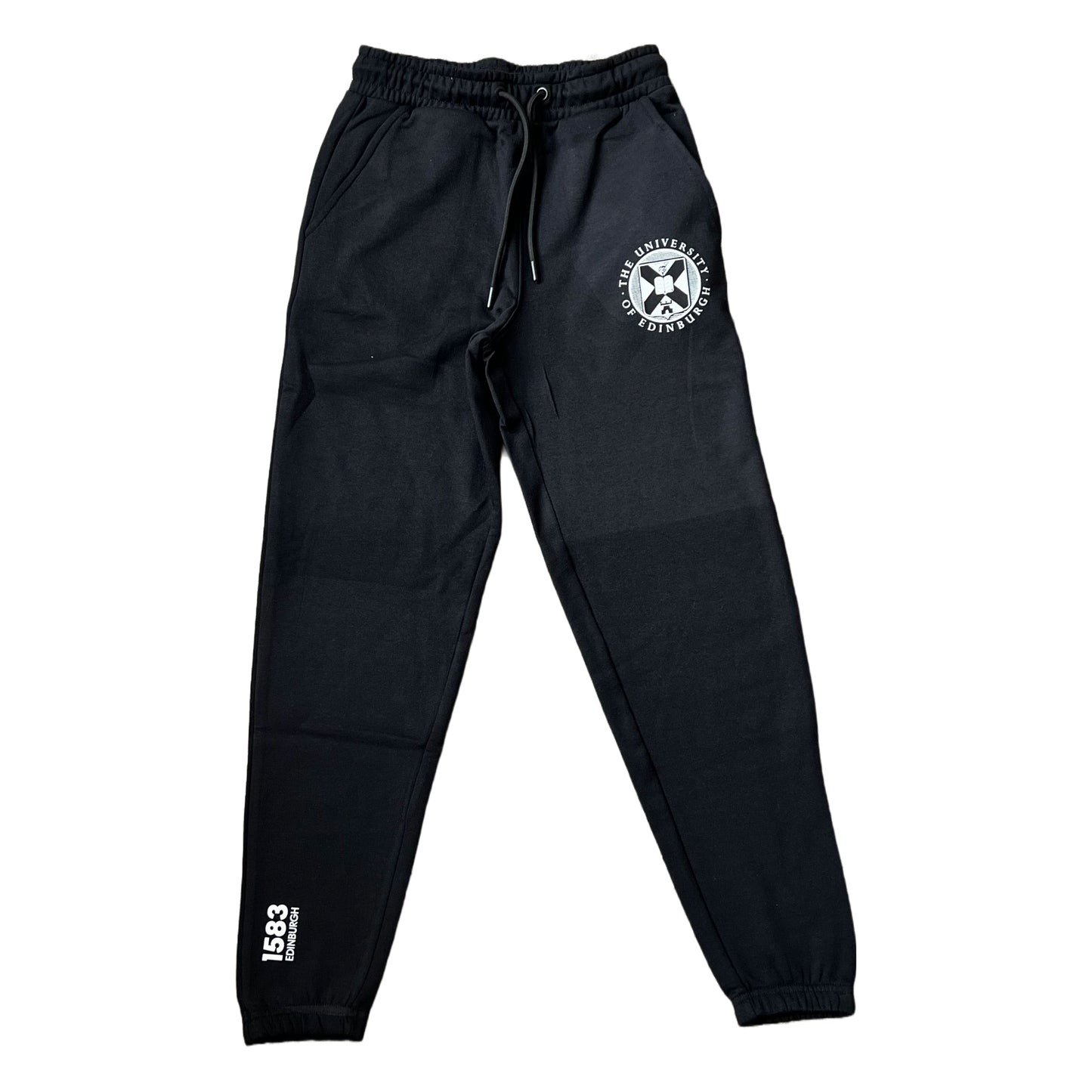 Black jogging bottoms featuring the university crest in white and "1583 Edinburgh" in white text