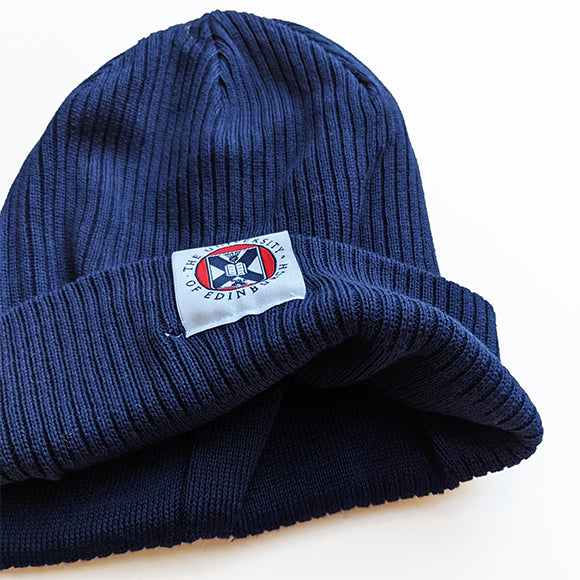 A close up of the Organic Cotton Beanie in Navy.