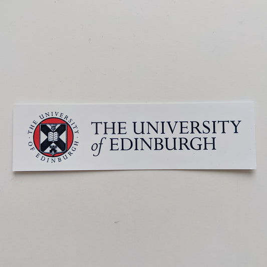 Long white rectangular sticker with the University crest and logo in full colour print