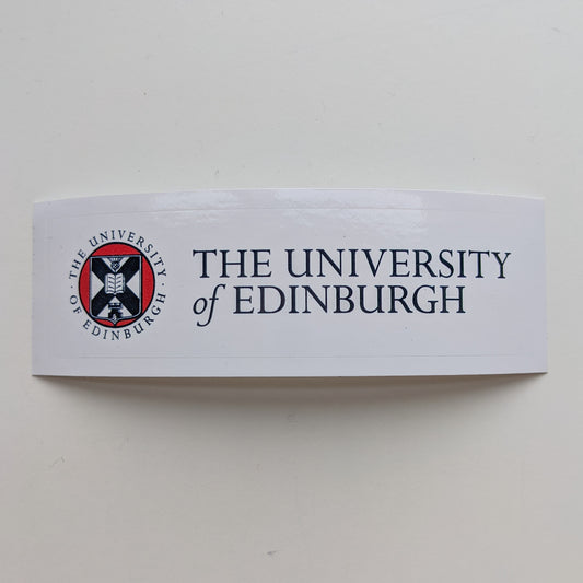Long white rectangular sticker with the University crest and logo in full colour print  
