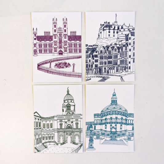 Four illustrated postcards by Victoria Rose Ball. From top left to bottom right: illustrated  image of New College in maroon; illustrated view of Edinburgh Castle in navy; illustrated image of Old College in dark green; illustrated image of McEwan hall in teal. These are all set against a white background.
