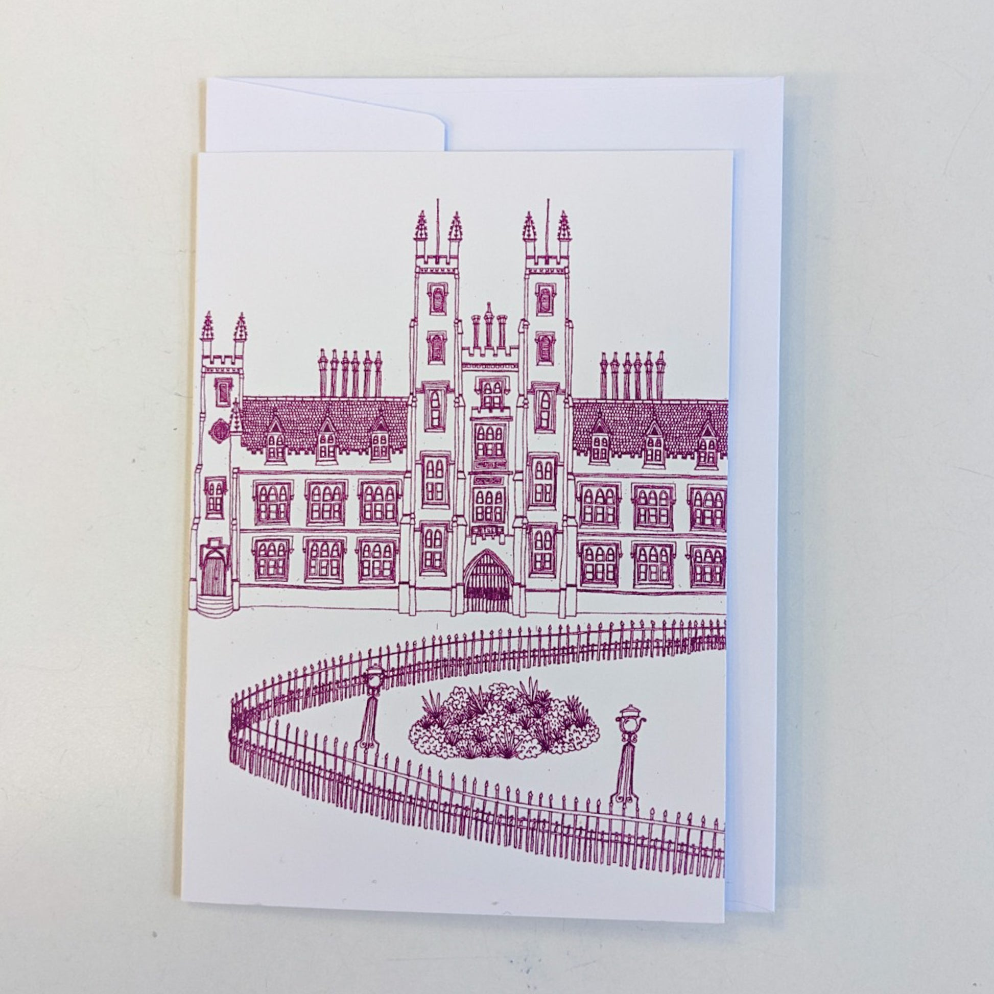 A close up of the New College illustrated greeting card.