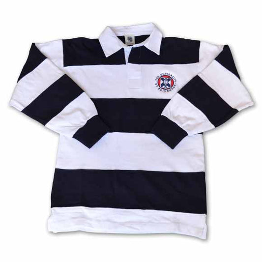 Traditional rugby shirt in navy and white stripes with small embroidered crest