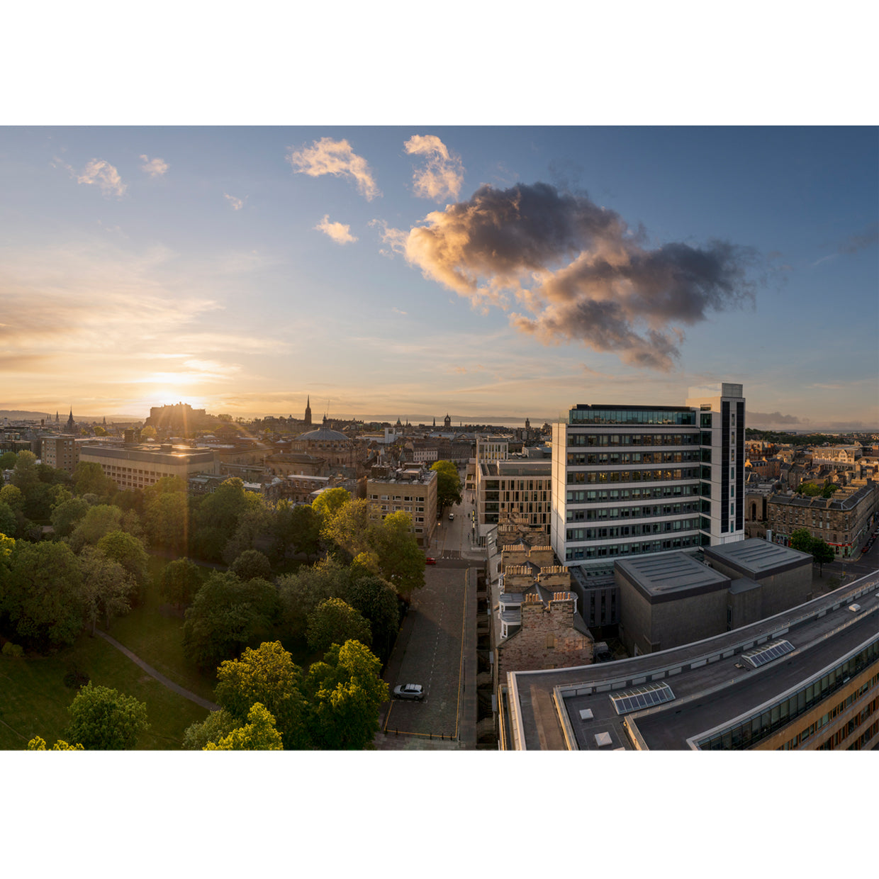 Photograph of the central campus taken from the sky at sunrise