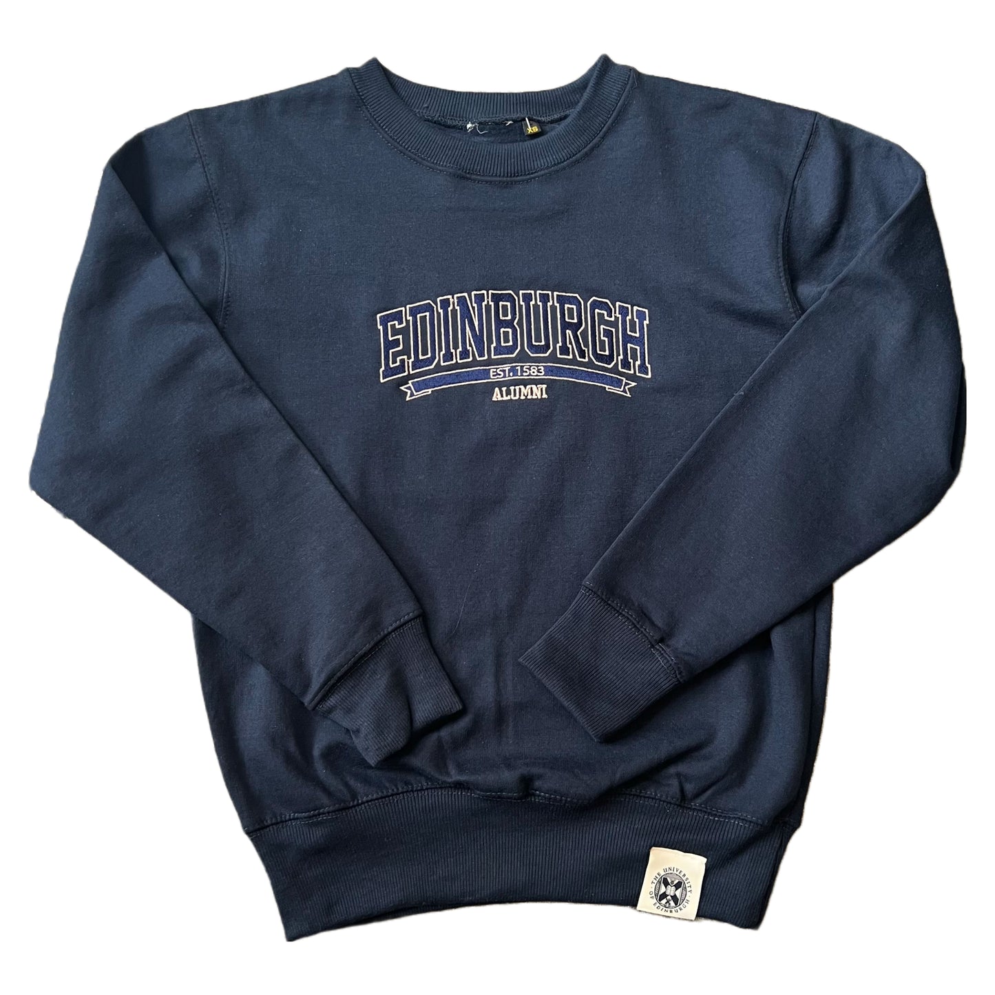 Navy sweatshirt with 'EDINBURGH ALUMNI' stitched on the front in blue and white text