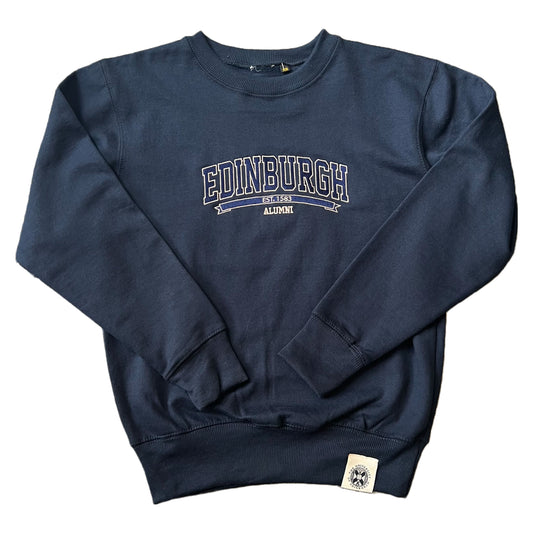Navy sweatshirt with 'EDINBURGH ALUMNI' stitched on the front in blue and white text
